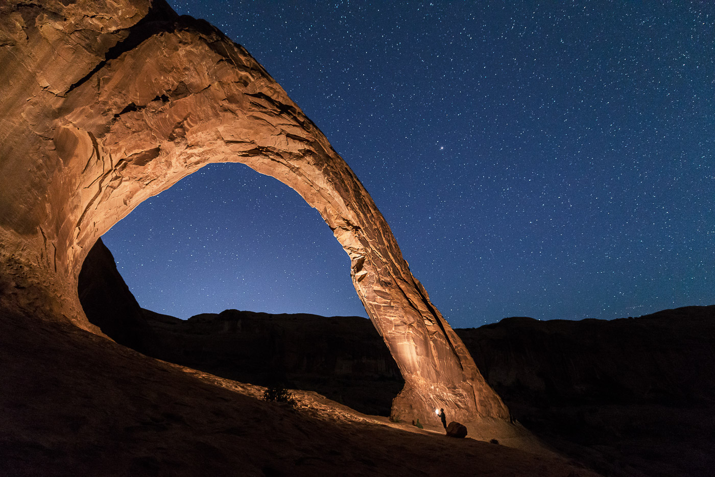 Light painting Corona Arch under the stars, selfie, Moab, Utah